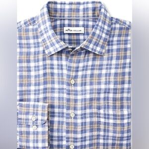 Peter Millar Seaside Summer Bay Linen Plaid Sport Mens Button Down Shirt Med